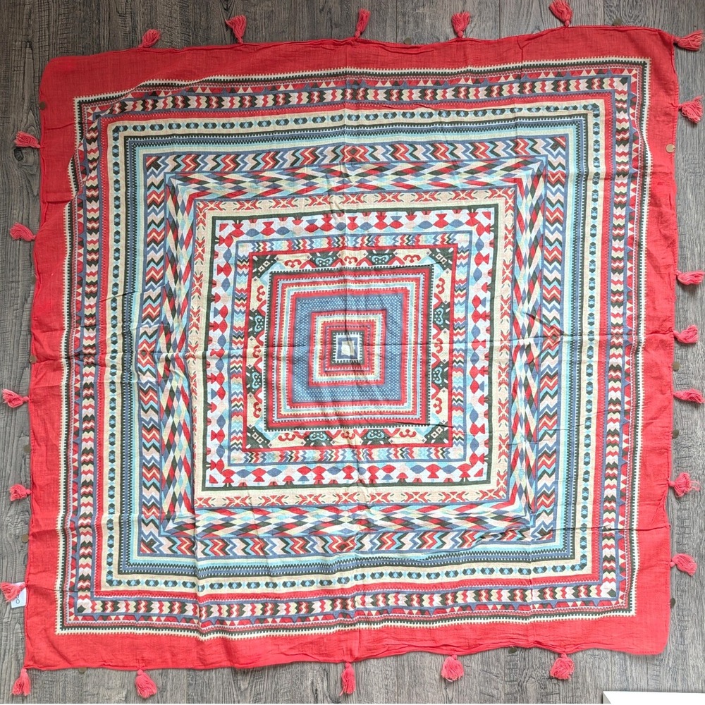 Aldo Aztec Red Geometric Cotton Square Scarf Tassel Trim Boho Tribal Print 40x40